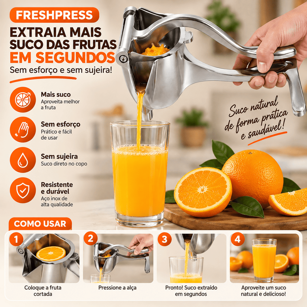 FreshPress – Extraia mais suco das frutas em segundos sem esforço e sem sujeira - Entrega Grátis - Vovó Lúcia