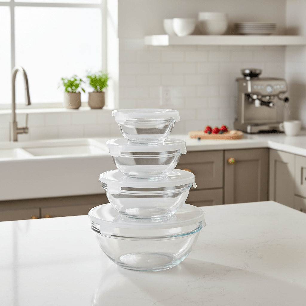 Kit 5 Bowls de Vidro com Tampa Hermética Micro-ondas, Geladeira e Freezer Empilhável comprar Kit 5 Bowls de Vidro com Tampa Hermética Micro-ondas, Geladeira e Freezer Empilhável original Vovó Lúcia