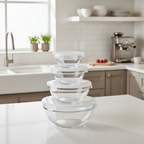 Kit 5 Bowls de Vidro com Tampa Hermética Micro-ondas, Geladeira e Freezer Empilhável comprar Kit 5 Bowls de Vidro com Tampa Hermética Micro-ondas, Geladeira e Freezer Empilhável original Vovó Lúcia