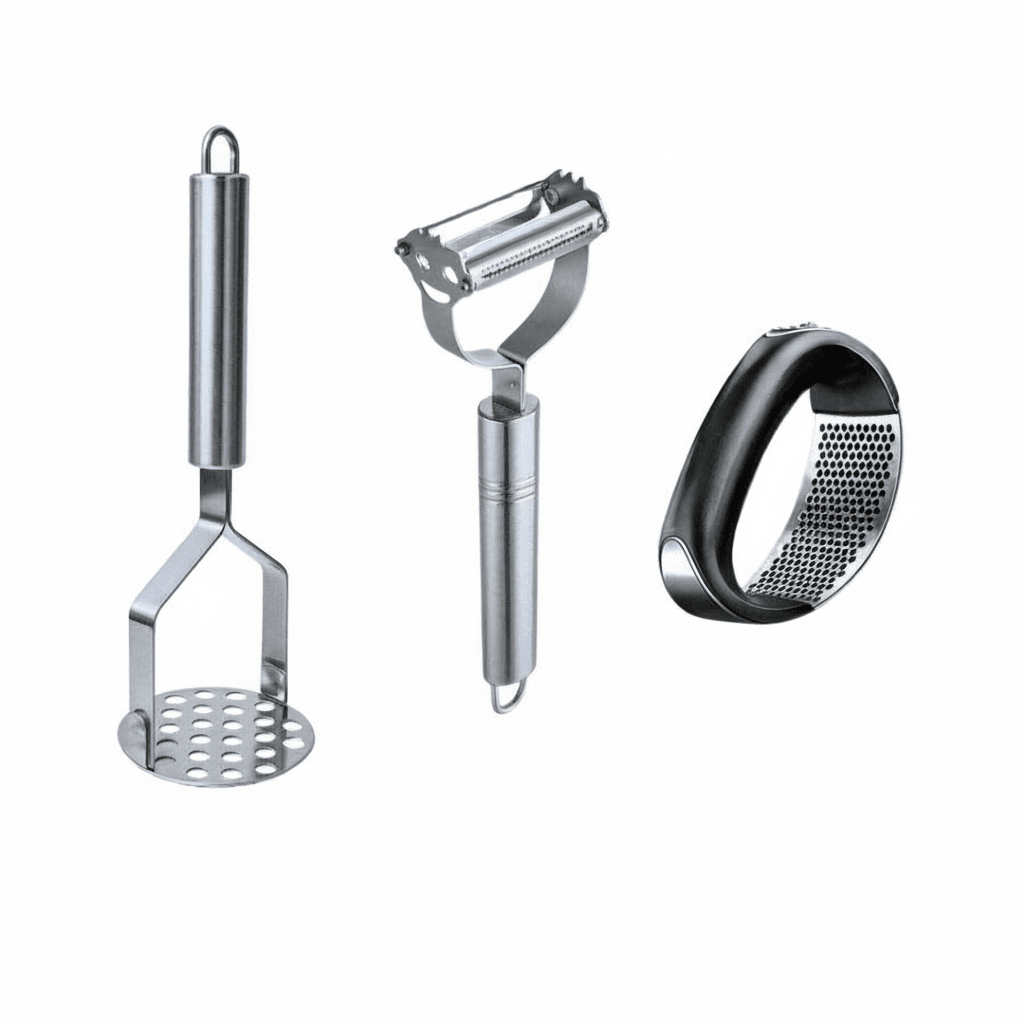 Kit 5 Peças Inox com Espremedor, Ralador 4 Faces e Amassador comprar Kit 5 peças inox original Vovó Lúcia