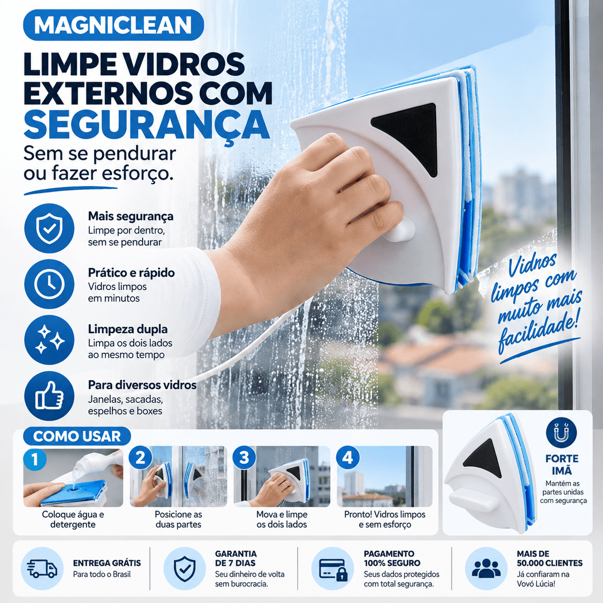 MagniClean – Limpe vidros externos com segurança sem se pendurar ou fazer esforço - Entrega Grátis - Vovó Lúcia