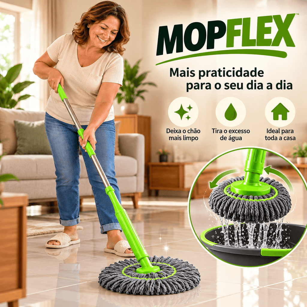 MopFlex - Esfregão 2 em 1 Giratório Automático Com Desidratação Perfeito Para Limpeza Completa de Piso - Vovó Lúcia