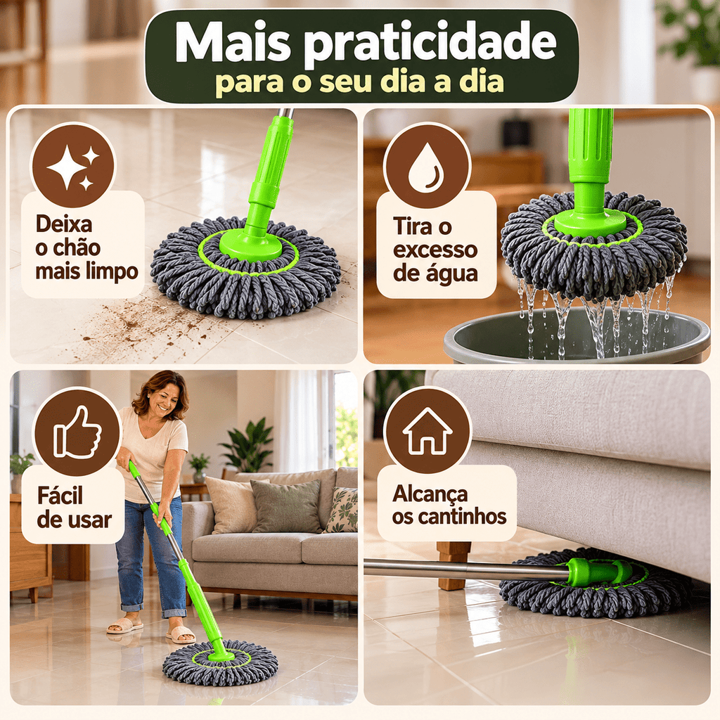 MopFlex - Esfregão 2 em 1 Giratório Automático Com Desidratação Perfeito Para Limpeza Completa de Piso - Vovó Lúcia