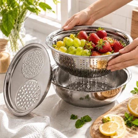 Ralador 3 em 1 - Inox com Tigela e Escorredor Multiuso - Entrega Grátis - Vovó Lúcia