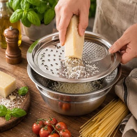 Ralador 3 em 1 - Inox com Tigela e Escorredor Multiuso - Entrega Grátis - Vovó Lúcia
