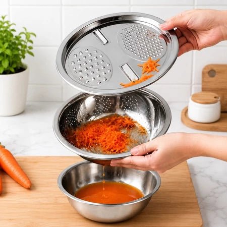 Ralador 3 em 1 - Inox com Tigela e Escorredor Multiuso - Entrega Grátis - Vovó Lúcia