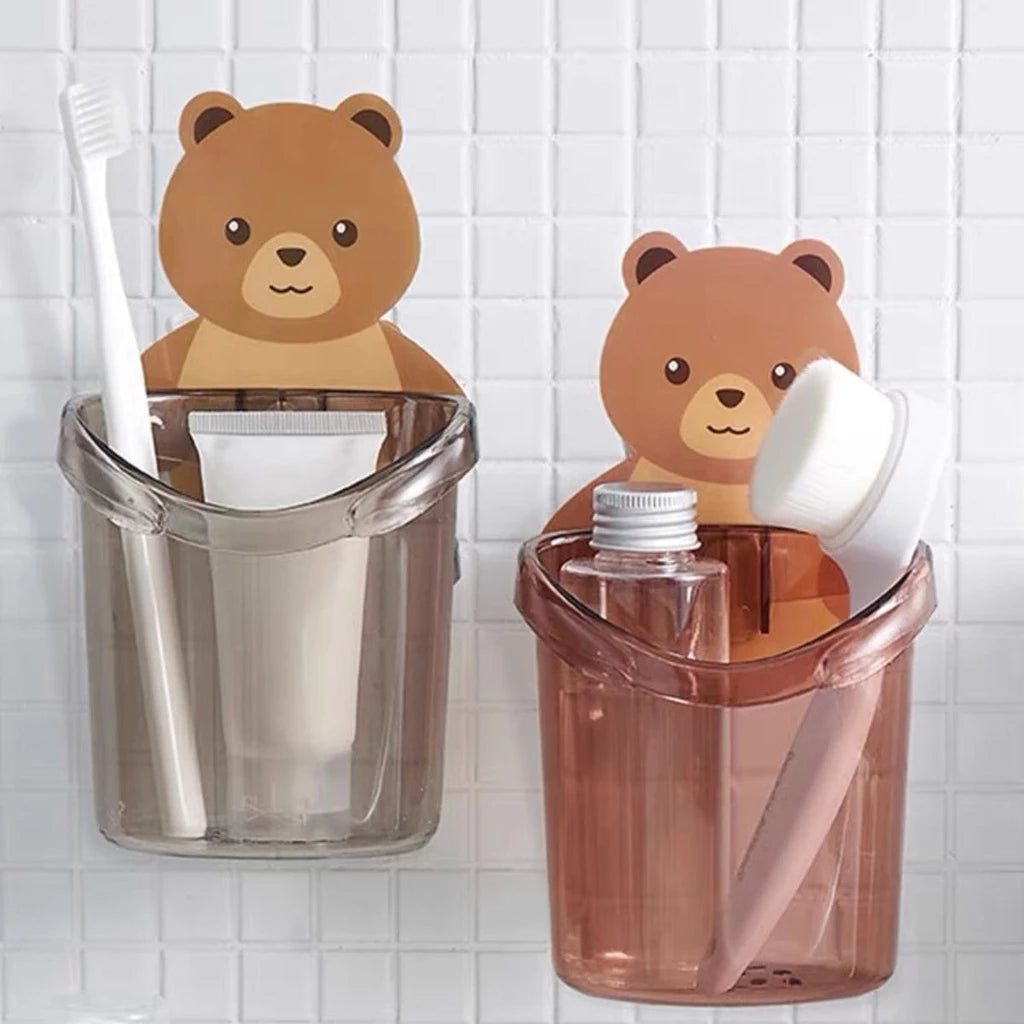 Suporte para Escova e Pasta de Dente em Acrílico – Organizador de Banheiro com Urso Adesivo