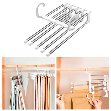 CabideFlex - Cabide Retrátil Organizador 5 em 1 Dobrável em Aço Inox
