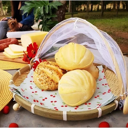 BambuFresh – Cesto de Bamboo com Cobertura de Tela Retrátil Protetor de Alimentos - Entrega Grátis