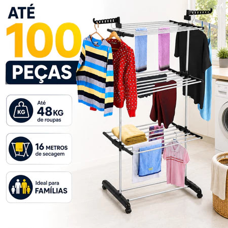 DryFlex -  Varal 3 Andares Reforçado Com Rodinhas Dobrável Portátil - Entrega Grátis