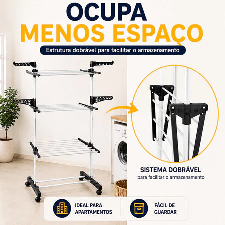 DryFlex -  Varal 3 Andares Reforçado Com Rodinhas Dobrável Portátil - Entrega Grátis
