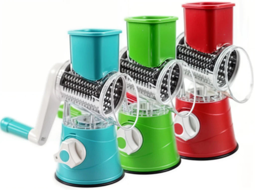 Ralador de Queijo 3 em 1 Giratório com Manivela  Fatiador de Legumes e Cortador de Vegetais Multiuso Cozinha Prática, Rápida e Sem Esforço