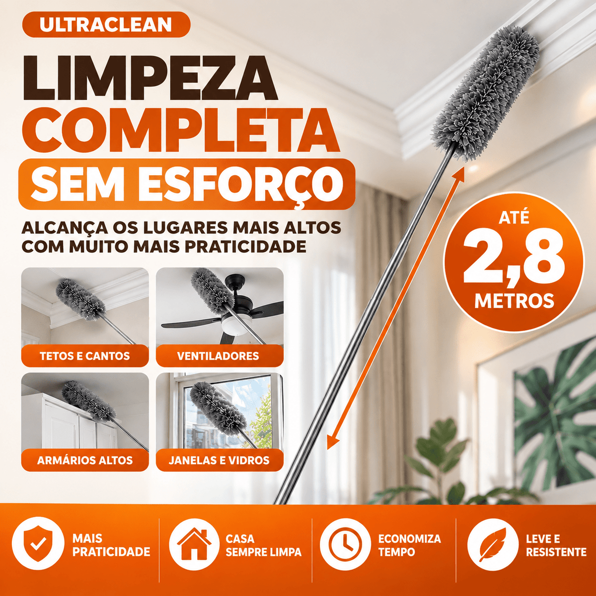 UltraClean - Limpe teto, ventilador e janela sem subir em escada, alcança até 2,8m com uma mão - Entrega Grátis - Vovó Lúcia