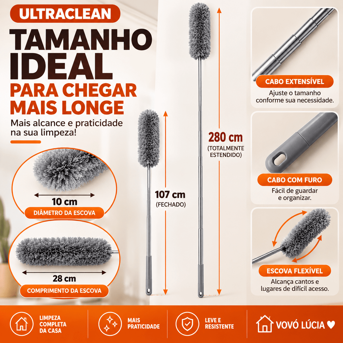 UltraClean - Limpe teto, ventilador e janela sem subir em escada, alcança até 2,8m com uma mão - Entrega Grátis - Vovó Lúcia