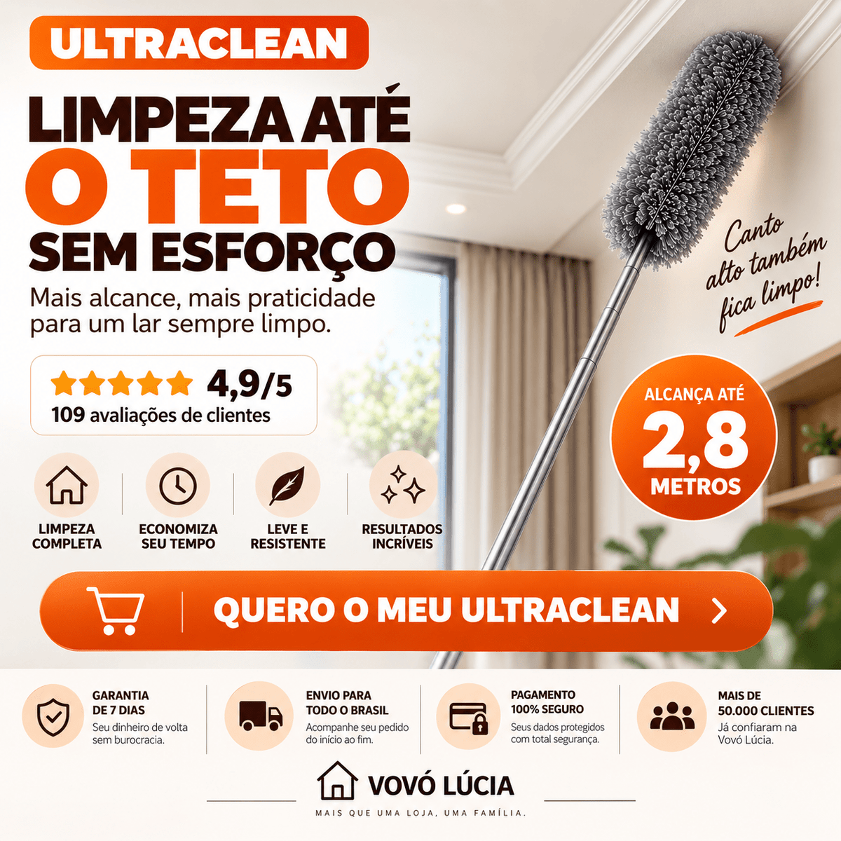 UltraClean - Limpe teto, ventilador e janela sem subir em escada, alcança até 2,8m com uma mão - Entrega Grátis - Vovó Lúcia