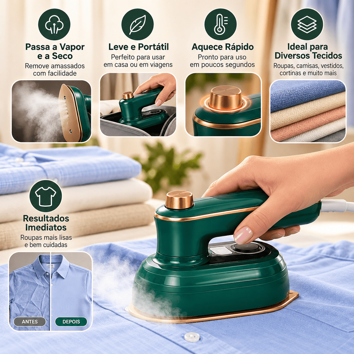 VaporLisse – Mini Ferro de Passar Roupas a Vapor - Vovó Lúcia